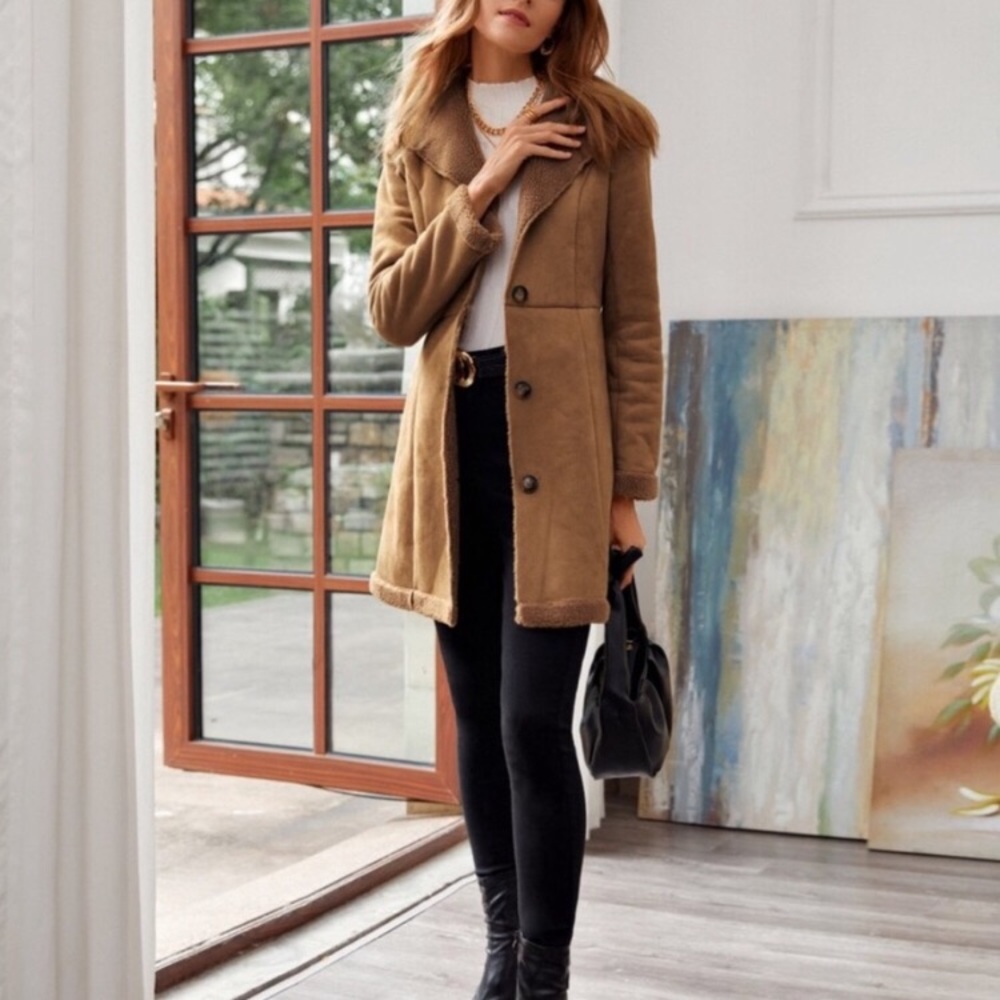 Camel shearling lined button down vegan fur trench coat jacket - Picture 5 of 9